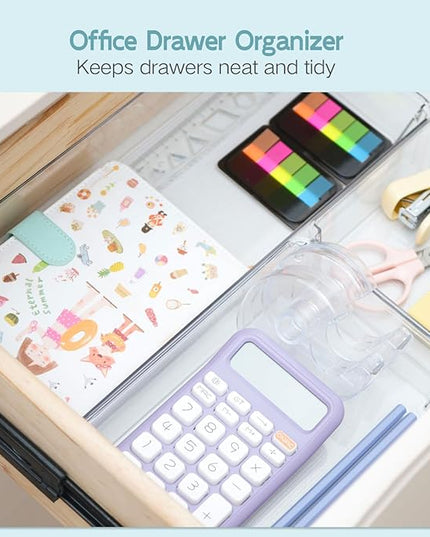 6 Pack Large Clear Plastic Drawer Organizer Trays, Desk Drawer Organizers and Storage Dividers, Non-Slip Storage Bins for Jewelry, Snacks, Office, Bathroom, Bedroom and Kitchen