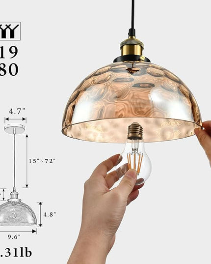 Modern Glass Pendant Light, 9.6"x4.8" Amber Ribbed Globe Light Fixture with Gold Cap, 15"-72" Adjustable Cord, E26 Socket for Dining or Lounge Areas – Sunrise Glow Bell