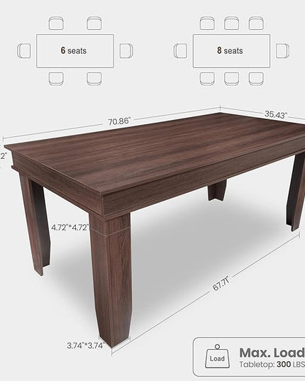 GarveeHome Farmhouse Dining Table for 6-8 People, 71 in Long Kitchen Tables with Wooden Sturdy Frame, 6 ft Large Rectangular Dinner Table for Dining Room, Kitchen, Brown, 71" Non-extendable