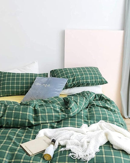 Houseri Green Comforter Set - Queen Plaid & Grid Bedding - Emerald, Forest, Jade Green & Yellow - Buffalo Checkered - Men, Boys, Girl - Vintage Style