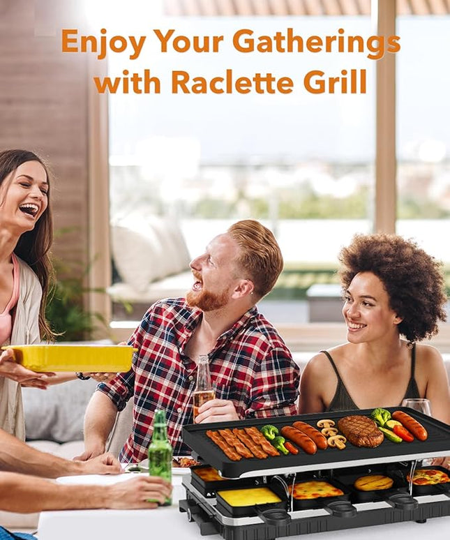 HBN Electric Raclette Table Grill with 8 Warming Trays, 2-in-1 Korean BBQ Grill & Electric Griddle Nonstick, Adjustable Temperature Control,1300W, Great for Indoor Family Gatherings, Parties & Dining