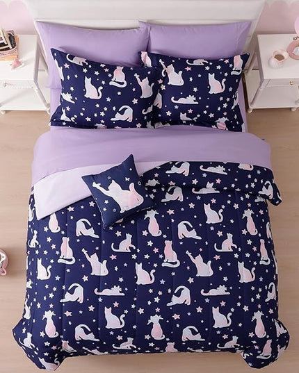 Full Size Comforter Set for Girls-7 Pieces Cute Cat Full Bedding Sets for Kids, Ultra Soft Bed in A Bag with Sheets
