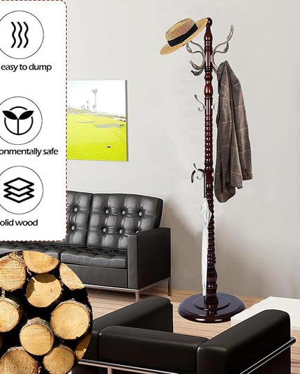 Coat Racks Free Standing with 14 Hooks, Natural Wood Coat Stands for Entryway, Adjustable Height 73 in Tree Coat Rack Stand for Hallway Home Office Bedroom (Mahogany metal)