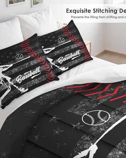 Comforter Set King Size, Baseball American Flag Soft 3 Pcs Bedding for Kids and Adults America Athlete Sport Comforter Set with 2 Pillowcases for Bedroom Bed Decor