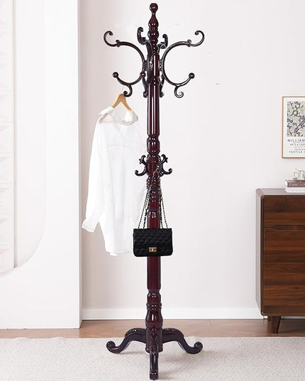 Wooden Coat Racks, Retro 78" Coat Tree with 12 Hooks & Stable Triangular Base, Entryway Coat Rack Freestanding for Hat, Clothes, Scarves, Handbags, Umbrella (Mahogany)