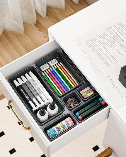 BYCY 38PCS Interlocking Desk Drawer Organizer Tray Divider Set, Plastic Black Desk Organizer Separator, Office Drawer Dividers Storage Bins for Office Bathroom Kitchen (38pcs 5Size)