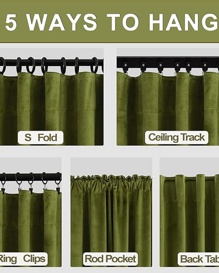 KOUFALL French Country Velvet Room Darkening Black Out Curtains 96 Inch Long 2 Panel Set Olive Green Romantic Blackout Cottagecore Curtains for Bedroom Living Room