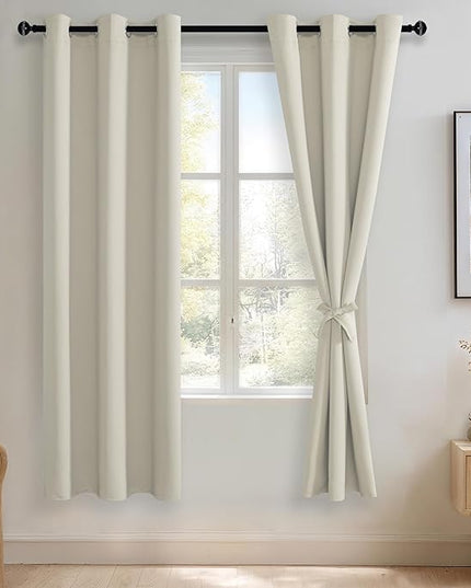 JIUZHEN Ivory Blackout Curtains with Tiebacks - Thermal Insulated, Light Blocking and Noise Reducing Grommet Curtains for Bedroom and Living Room, Set of 2 Window Curtain Panels, 42 x 72 Inch Length