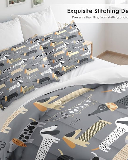 Comforter Set Full Size, Cute Dog Pet Soft 3 Pcs Bedding for Kids and Adults Cartoon Nursery Animal Dachshund Comforter Set with 2 Pillowcases for Bedroom Bed Decor