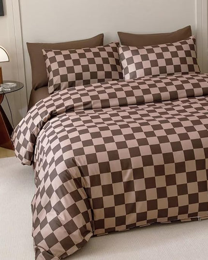 CLOTHKNOW Brown Grid King Size Comforter Set Plaid Bedding Comforter Sets Checker Geometric Comforter with 2 x Pillow Cases