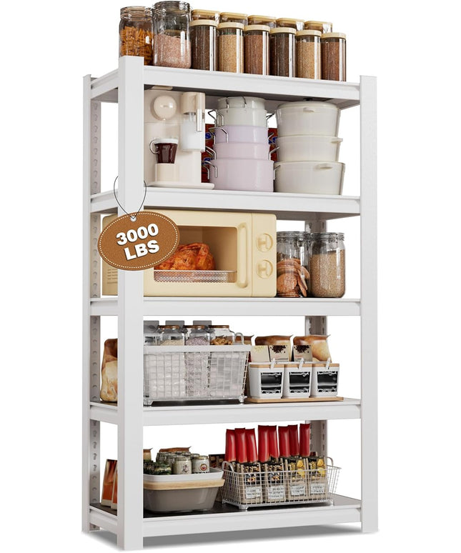 WORKPRO House 5-Tier Shelving Unit, 3000lbs Adjustable Storage Shelves, Boltless Book Shelf, Shelf Organizer for Kitchen, Living Room, Bathroom, Wood Grain Pattern, Waterproof Board, 24-1/10"W, White