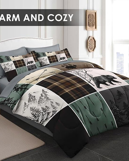 7 Pcs Comforter Set King Size, Wildlife Hunting Deer Bedding Set for Kids and Adults, Vintage Winter Animal Bear Plaid Bed Sheet Sets with Fitted Sheet 2 Pillowcases & 2 Shams
