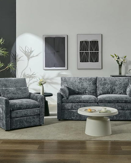 Tbfit Living Room Furniture Set, Loveseat Couch & Accent Chair, Modern Comfy Cloud Sofa Set, Spring Seat Cushions, Chenille Fabric, Gray