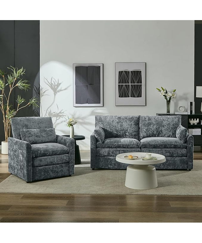 Tbfit Living Room Furniture Set, Loveseat Couch & Accent Chair, Modern Comfy Cloud Sofa Set, Spring Seat Cushions, Chenille Fabric, Gray
