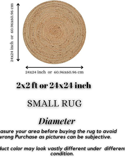 Hand Woven Jute Area Rug - 2' Round - Rustic Beige Reversible Farmhouse Rugs for Living Room, Bedroom, Kitchen - Vintage Natural Braided Entry Floor Décor Circle Boho Small Round Rugs 2 feet