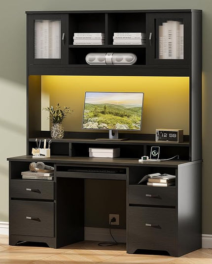 Bestier 77.8" H Executive Desk with Hutch, Modern Wood Computer Desk with Drawers, Charging Station, LED Light, Fluted Storage Cabinet, Keyboard Tray, 59" W Office Desk for Home Office, Black