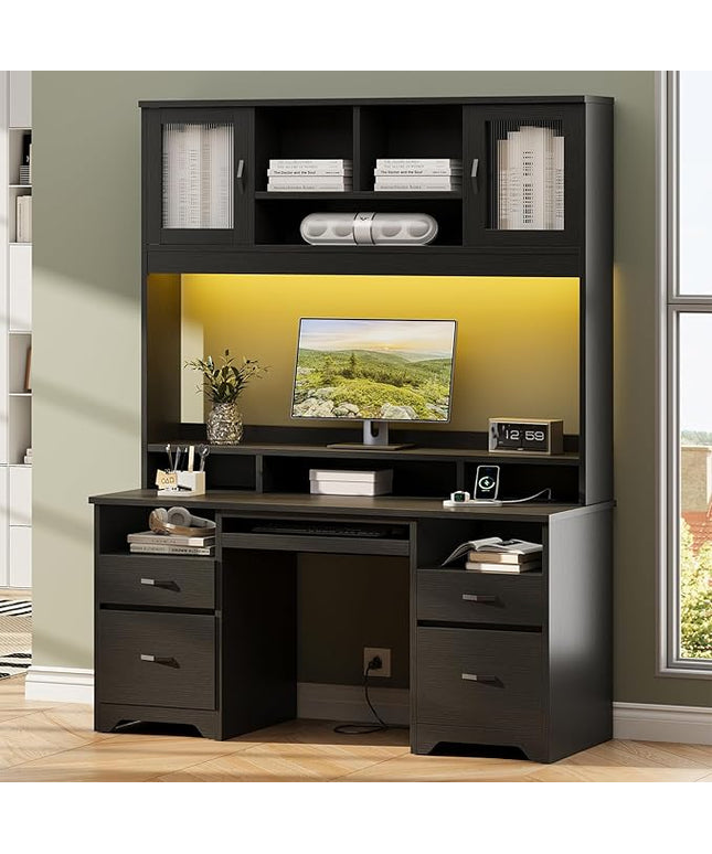 Bestier 77.8" H Executive Desk with Hutch, Modern Wood Computer Desk with Drawers, Charging Station, LED Light, Fluted Storage Cabinet, Keyboard Tray, 59" W Office Desk for Home Office, Black