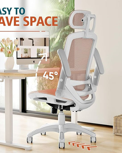 GABRYLLY Ergonomic Office Chair, High Back Home Desk Chair with Headrest, Flip-Up Arms, 90-120° Tilt Lock and Wide Cushion, 400LBS Mesh Chairs for Man Woman, White Task Chair(Pink,GY01WPK)