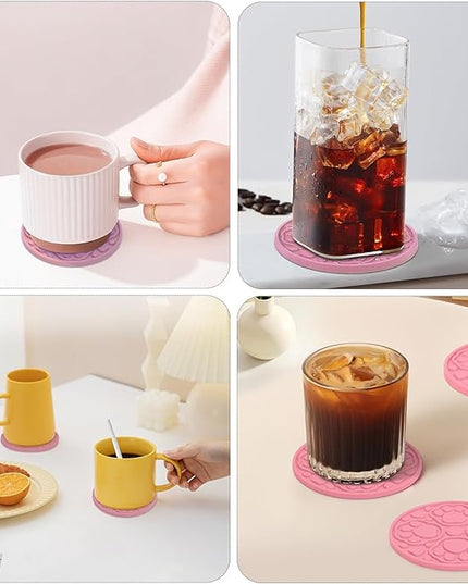 Pink Silicone Coasters Set of 6 with Holder, 4 Inches Coaster for Bar, Drinks, Beer, Coffee - Non Slip Decorative Cup Mat for Tabletop, Desk Decor - Dishwasher Safe