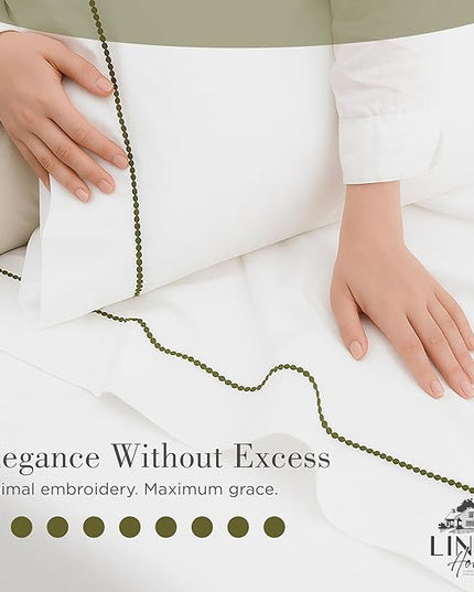 Linen Home 100% Cotton Percale Pearl Stitch Pillowcases King Size, Olive Green, 2 Pieces of Pillow Case, Crisp and Cool Strong Bed Linen, 20 inches X 40 inches