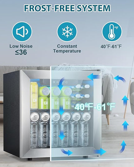 48 Can Beverage Refrigerator,12 Bottle Wine Cooler with Stainless Steel Glass Door, Digital Temperature Display, Countertop Mini Fridge for Soda, Wine or Beer, Silver