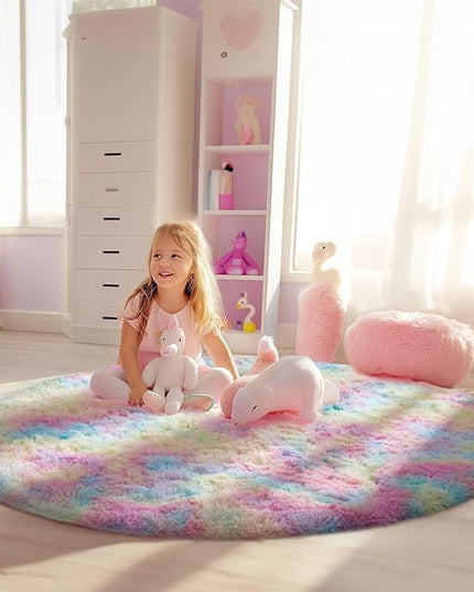 Ophanie Round Rugs 4Ft Rainbow Circle Area Rug, Colorful Unicorn Bedroom Dorm Decor for Teen Girls, Cute Fluffy Fuzzy Plush Soft Shaggy Living Room Carpet for Kids Baby Home Aesthetic Nursery Playroom