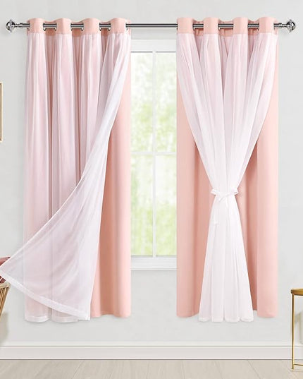 Hiasan Pink Blackout Curtains with Sheer Overlay Thermal Insulated Mix & Match Double Layer Room Darkening Window Curtains for Bedroom Living Room Nursery 2 Panels with Tiebacks (52W X 63L,Blush Pink)