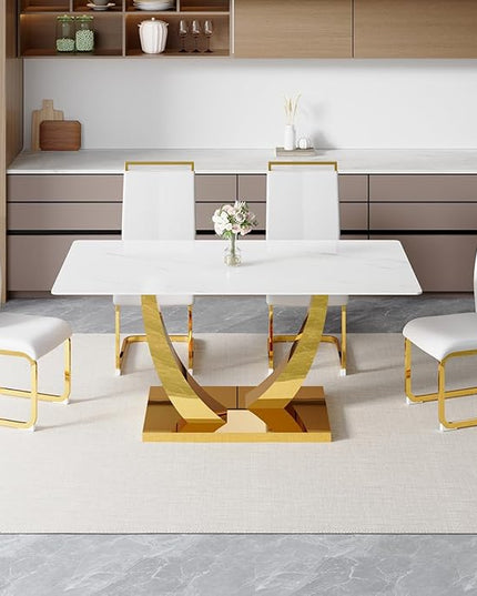 63” Dining Room Table Set for 4,Modern Gold Dining Table Set for 4, Rectangle Kitchen Table Set with Leather Chairs, White Faux Marble Dinner Table Set with Tempered Glass Top and Golden Base