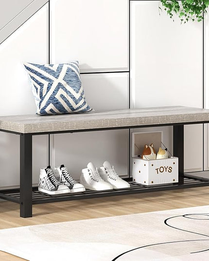 FOLUBAN Entryway Bench, Vintage Wood and Metal Storage Bench with Metal Shelf, Indoor Shoe Rack Bench Seat for Living Room, Bedroom, Hallway, Entrance, Light Grey, 47 Inch
