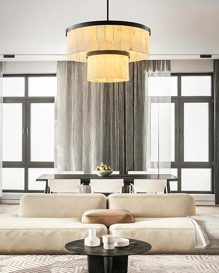 Alabaster Chandelier 2-Tier D24 Round Chandeliers, Modern Dining Room Chandelier Marble Pendant Light Farmhouse for Living Room, Bedroom, Foyer, Kitchen, Entryway Black(Include Bulbs)