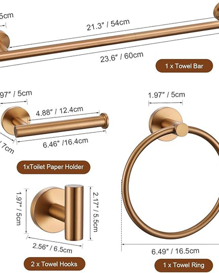 TURS Brushed Rose Gold 5 Piece Bathroom Hardware Set, SUS304 Stainless Steel 23.6 Inch Bath Towel Bar Set, Round Bathroom Accessories Kit Wall Mounted