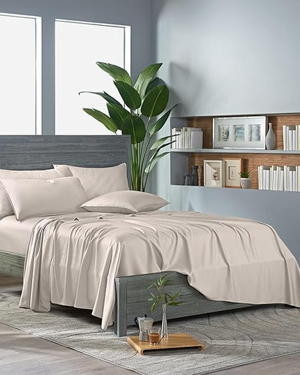 Pure Bamboo Split King Sheets, Genuine 100% Organic Viscose Derived from Bamboo Bed Sheet Set, Soft & Cooling, Double Stitching, 2 Fitted Sheets (Split King, Creme)