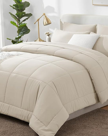 CozyLux California King Comforter Sets Beige, 7 Pieces Cal King Bed in a Bag, All Season Bedding Sets with Stitch Quilted Comforter, Flat Sheet, Fitted Sheet, Pillowcases