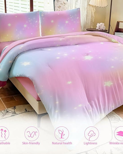 Rainbow Bedding Set Full Size – 5 Piece Reversible Girls Comforter with Deep-Pocket Sheet, Gradient Galaxy Design, Whole-Piece Filling, Machine Washable Bed-in-a-Bag for Kids Room Makeover & Gifts