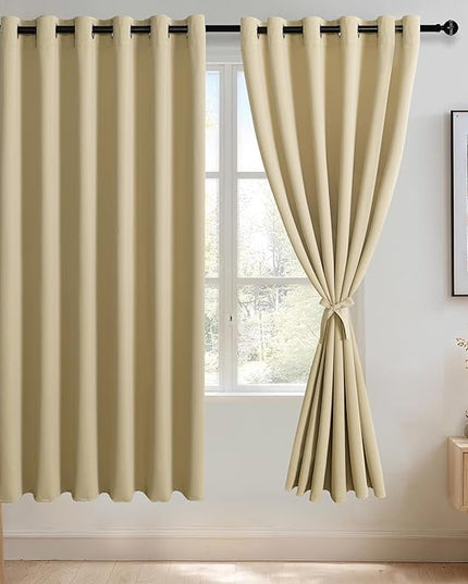 JIUZHEN Light Beige Blackout Curtains with Tiebacks - Thermal Insulated, Light Blocking and Noise Reducing Grommet Curtains for Bedroom and Living Room, Set of 2 Panels, 70 x 72 Inch Length