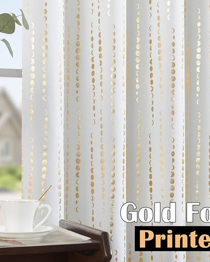 jinchan 95% Blackout Bohemian Moon Phase Print Bedroom Christmas Curtains 90 Inch Length 2 Panels Festive Holiday White Gold Pole Mouth Rear Label Baby Room Rod Pocket Back Tab Curtains