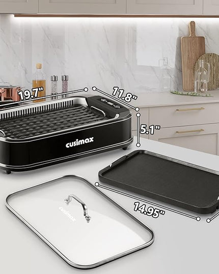 CUSIMAX Indoor Grill, Electric Smokeless Grill, 1500W Korean BBQ Grill, Electric Griddle with LED Smart Display & Tempered Glass Lid, Non-stick Removable Plate & Griddle Plate, Black