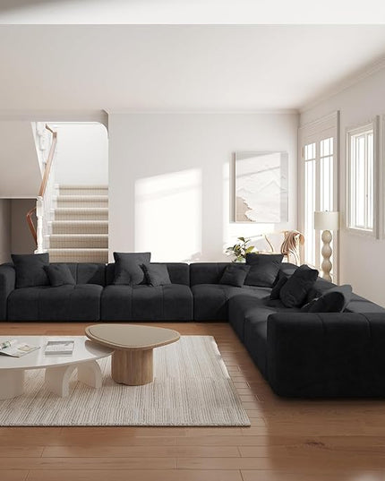 JACH V-Shaped Modular Sectional Sofas for Living Room, Modern Cloud Couch, Mid Century Modern Modular Sofa, Cozy Sleeper Sofa for Living Room (Linen Fabric, Black)