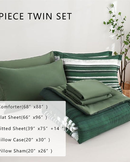 KAKIJUMN 5 Piece Bed in a Bag Stripe Comforter Set Twin Size, White Grey Green Patchwork Striped Comforter and Sheet Set, All Season Soft Microfiber Complete Bedding Sets(Dark Green,Twin)