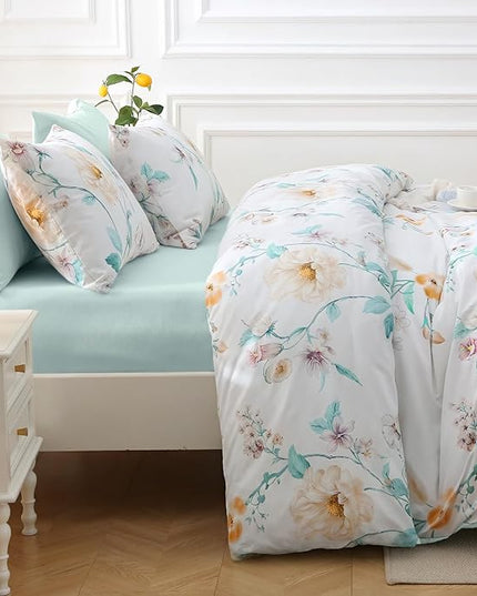 MUXHOMO Green Branch Bed in a Bag Queen 7 Pieces, Queen Comforter Set Reversible Botanical Flowers Design, Ultra Soft & Breathable Bedding Sets with Comforter, Sheets, Pillowcases & Shams