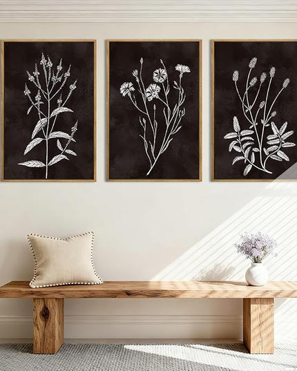 Extra Large Black and White Floral Wall Art Framed Botanical Wall Decor 3 Pieces for Bathroom Living Room Bedroom 24x36 Inch