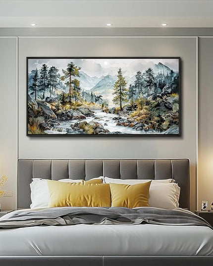 PHAOHUAXM Large Wall Art For Bedroom Wall Decor For Living Room Office Home Decoration Rivulet View Painting Forest Tree Landscape Watercolour Canvas Pictures Ready To Hang Black Framed 20x40 In
