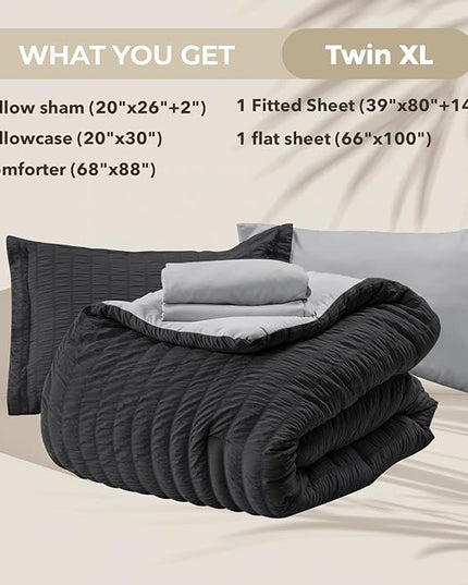 HYMOKEGE Black/Light Grey Twin XL Comforter Set Seersucker 5 Pieces, All Season Luxury Bed in a Bag for Bedroom, Bedding Set with Comforter, Sheets, Pillowcase & Sham