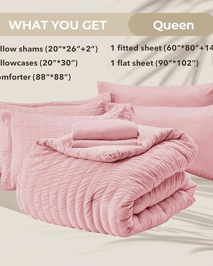 HYMOKEGE Pink Queen Comforter Set Seersucker 7 Pieces, All Season Luxury Bed in a Bag for Bedroom, Bedding Set with Comforters, Sheets, Pillowcases & Shams