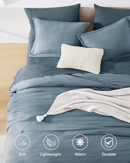 WRENSONGE Queen Comforter Set- 7 Pieces Soft Oxford Blue Bed in a Bag with Fitted Sheet, Flat Sheet, 2 Pillow Shams, and 2 Pillowcases- Warm Bedding Sets Queen for All Season