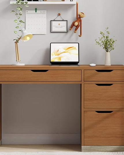 48 Inch Small Desk with 4 Drawers, Computer Desk with Storage File Cabinet for Bedroom, Home Office Desk with Storage for Small Space, Brown
