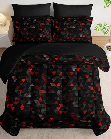 Geometric Red Black Triangle Queen Size Comforter Set,Light Honeycomb Bedding Set 7 Piece in A Bag,Bed Sheet Set Geometry Decor,Microfiber Lightweight All Season