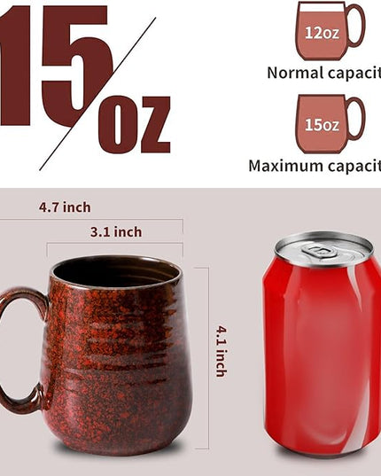 HASENSE Coffee Mugs Set of 6, 15 Ounce Ceramic Coffee Cups Set with Handle, Large Tea Mug for Kitchen, Red Cup for Tea,Cocoa, Milk, Christmas Gift for Women and Men, Dishwasher and Microwave Safe