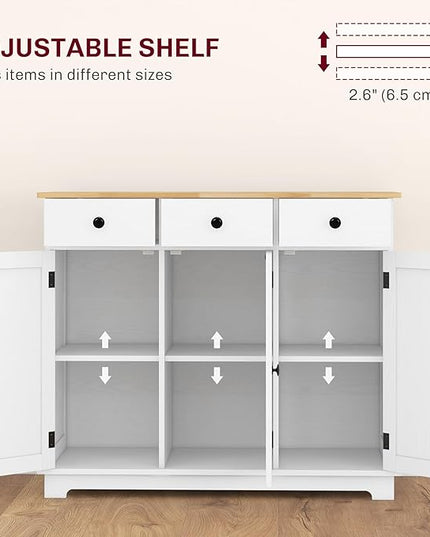 HOMCOM Sideboard with Solid Wood Countertop, Modern Kitchen Storage Cabinet, Coffee Bar Cabinet with 3 Drawers, Doors and Adjustable Shelf, Distressed White