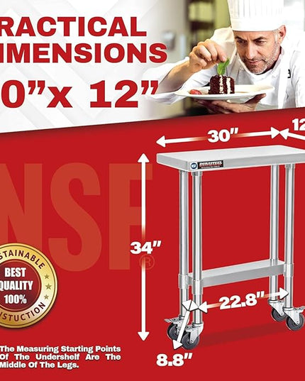 DuraSteel 30x12 NSF Stainless Steel Cart Work Table - Heavy Duty Rolling Food Prep Table - Metal Utility Cart on Wheels Caster, Grill Stand Microwave Outdoor Kitchen Tables Countertop Island Top Vevor